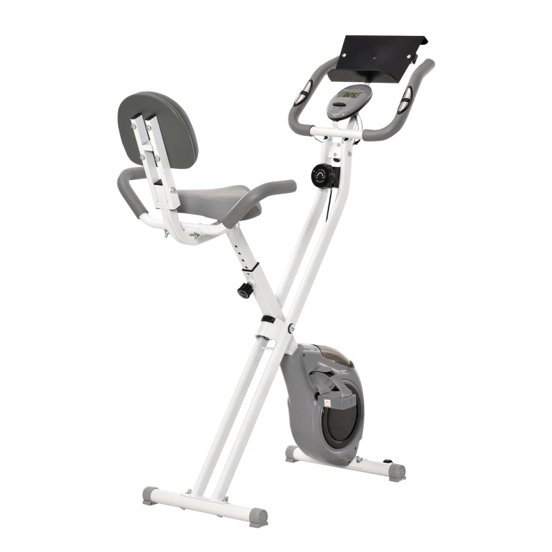 HOMCOM Bicicletă de apartament magnetică pliabilă bicicletă de fitness bicicletă de interior confort maxim spătar șa reglabilă mânere ecran LCD multifuncțional suport tabletă oțel alb gri