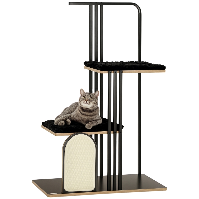 PawHut Kratzbaum, Industrial Design, 2 Plattformen, 2 Liegekissen,  Kratzwand, Stahlrahmen, schwarz, 85 x 48 x 128 cm | Aosom.de