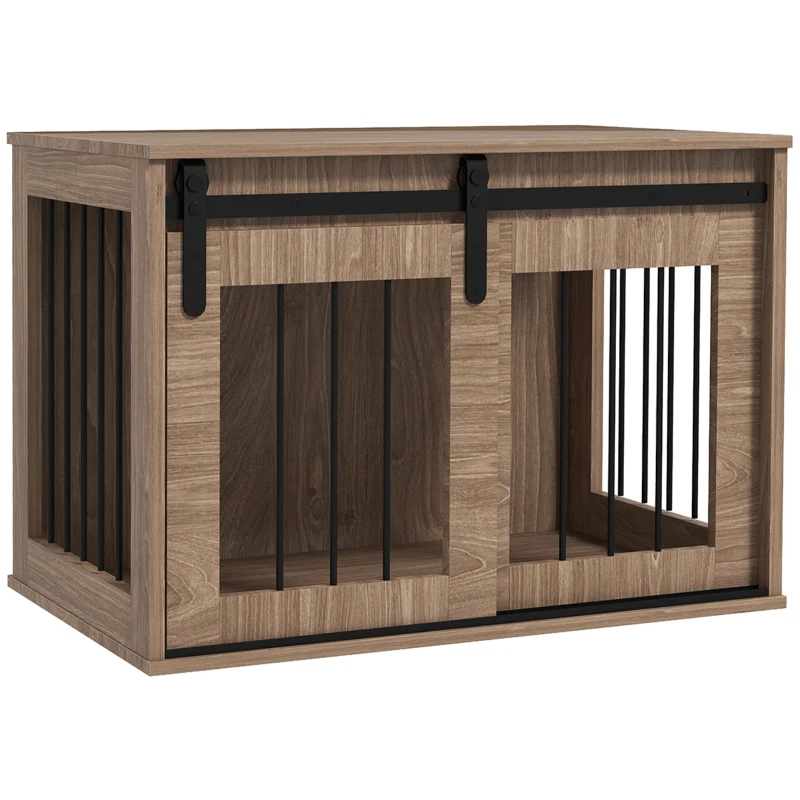 PawHut Cușcă cușetă pentru câini animale interioare ușă glisantă, oțel efect lemn, dim. 57H x 80L x 54l cm