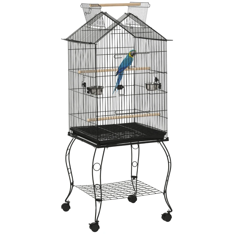 PawHut Jaula de Pájaros con Soporte Ruedas Bandeja Extraíble y Comederos para Canarios Periquitos 50x58x137-145 cm Negro