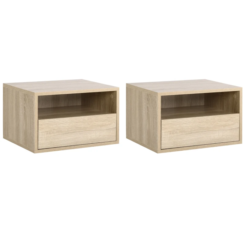 HOMCOM Set de 2 Noptiere murale, Set de 2 Noptiere, Sertar culisant, Nisa, Blat, Panouri Particule Aspect stejar Deschis