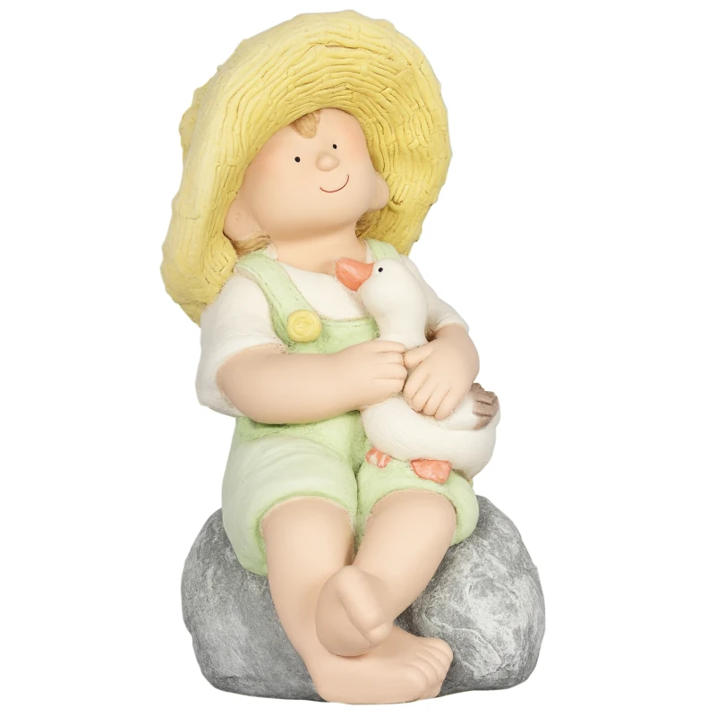 Outsunny Gartenfigur "Kleiner Junge mit Strohhut", Gartendekoration, wetterbeständig, 23,5 cm x 25 cm x 43 cm