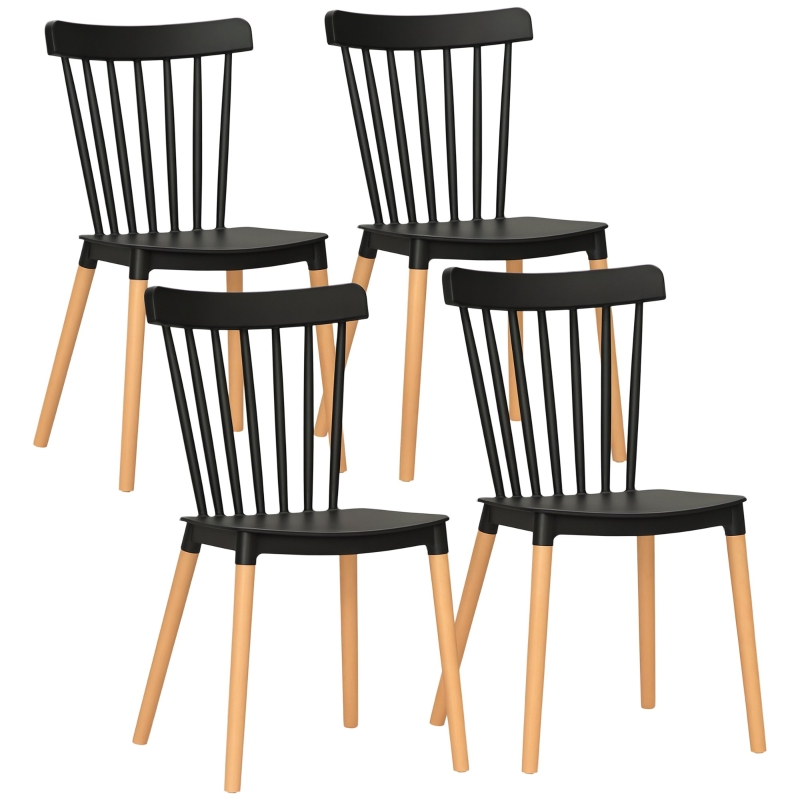 HOMCOM Set de 4 scaune stil scandinav cu spătar înalt, șezut din polipropilenă, picioare din lemn de fag 48 x 52,5 x 83 cm negru