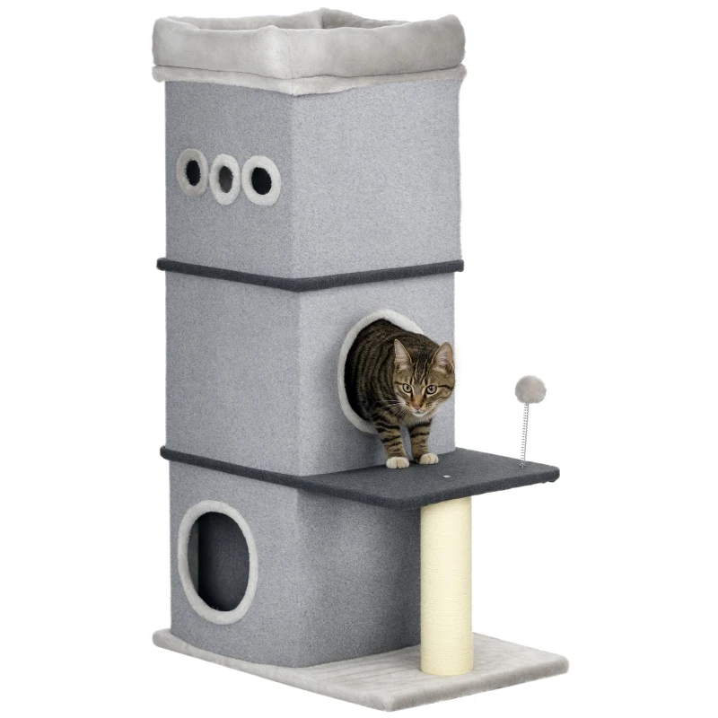PawHut Barril Rascador para Gatos con Caseta de Fieltro Extraíble Poste de Sisal Cama y Bola de Juego 60x40x102 cm Gris