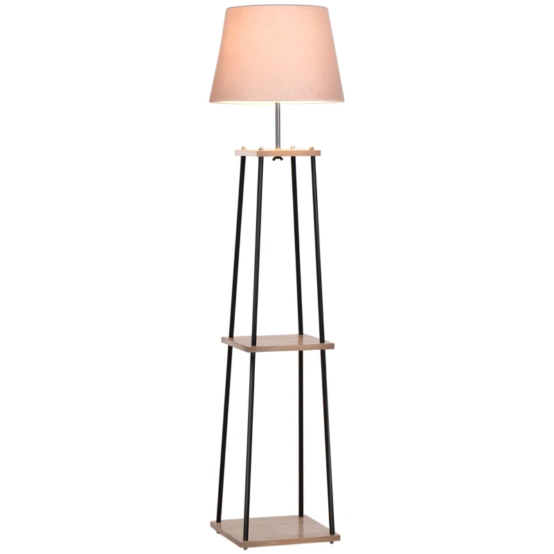 HOMCOM Lampadaire design contemporain dim. 40L x 40l x 160H cm 40 W max. 3 étagères intégrées bois massif pin métal noir lin beige