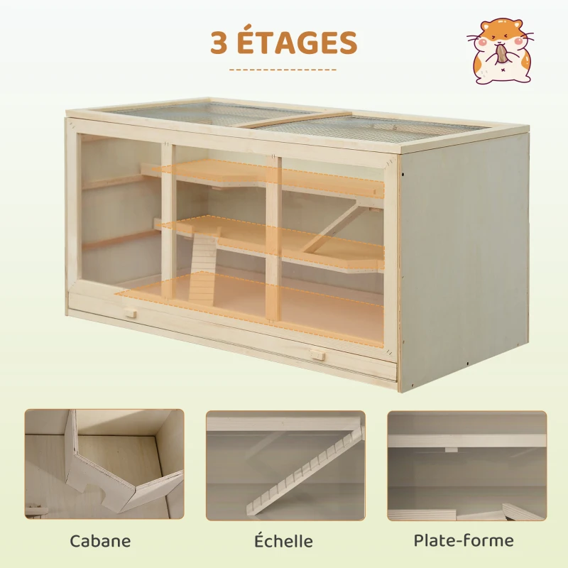 PawHut Cage à hamster cage gerbilles 2 niveaux toit ouvrable fenêtres cabane 2 échelle, 115 x 57 x 55 cm, effet bois naturel