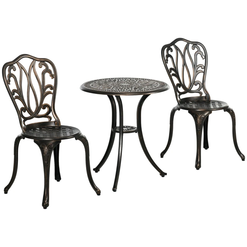 Outsunny Set Mobilier Grădină 2 Persoane 2 scaune și Masă Rotundă stil retro din aluminiu turnat, bronz