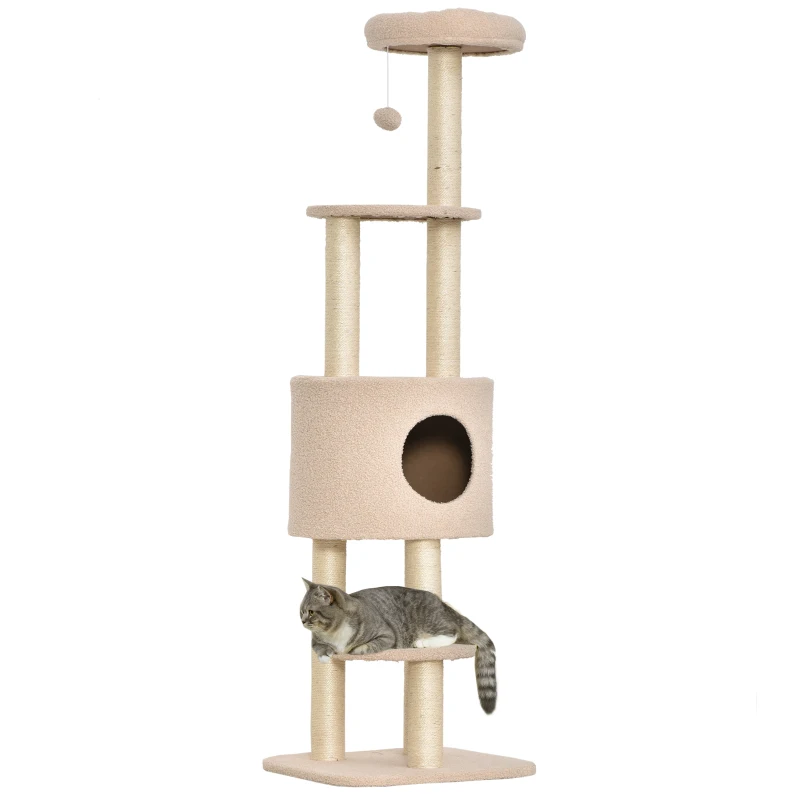 PawHut Árbol Rascador para Gatos Altura 148 cm Árbol para Gatos con Postes de Sisal Plataformas Casa y Bola Colgante Beige