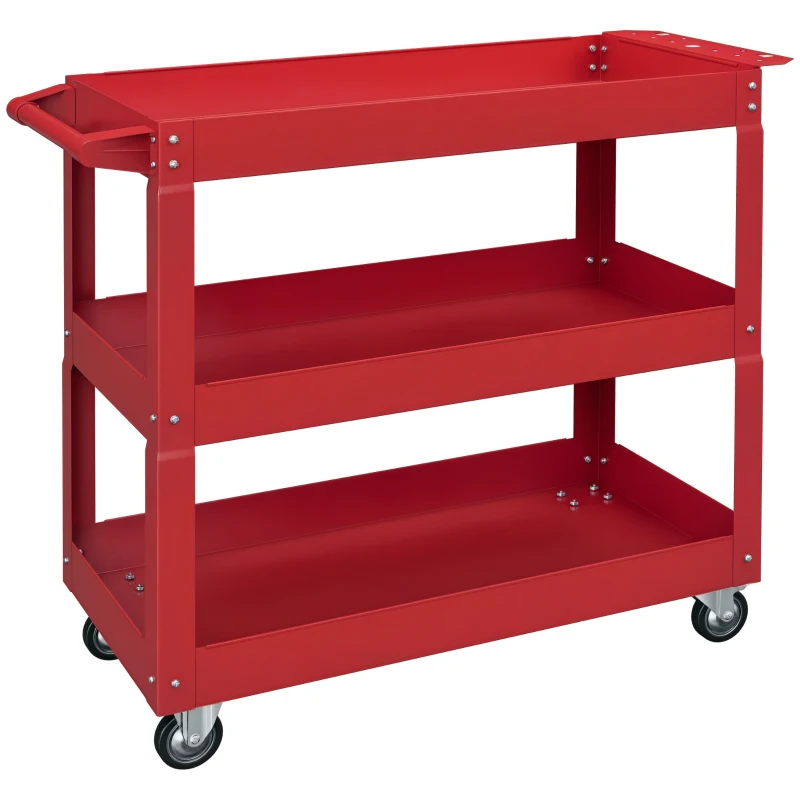 DURHAND Carro de Taller de Acero con 3 Estantes de Almacenamiento y Asa Lateral Carga 150 kg 83x35,3x76 cm Rojo