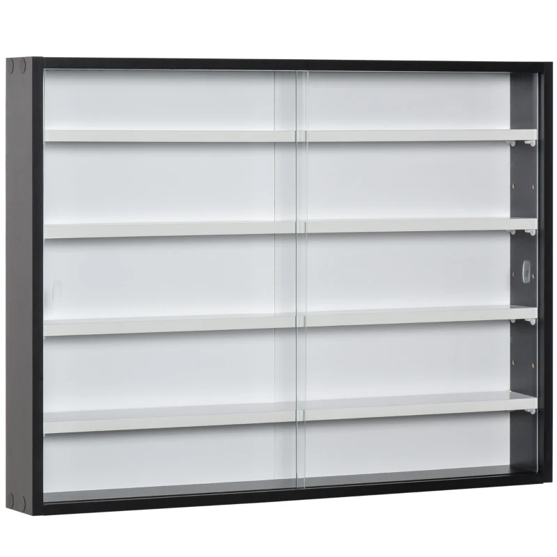 HOMCOM Bacheca Portaoggetti a 5 Ripiani Regolabili, Vetrina a Muro in Vetro e Truciolato, 80x9.5x60 cm, Nero e Bianco