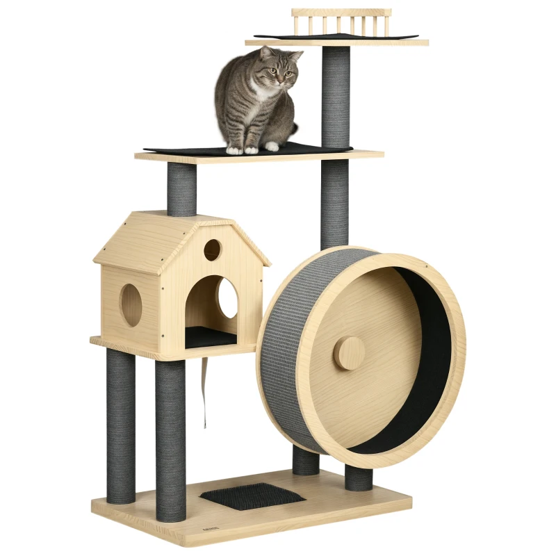 PawHut Katzenbaum mit Laufrad 4-Stock Kratzbaum Katzenhaus mit Sisalsäulen Katzenhöhle Kiefernholz Natur 80 x 50 x 143 cm