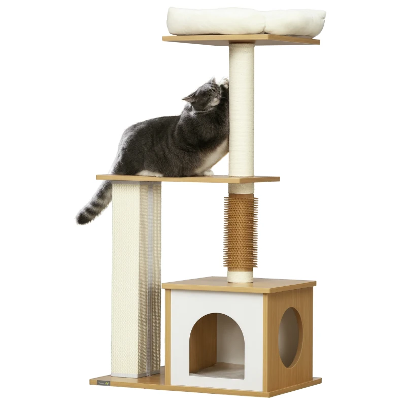 PawHut Kratzbaum Katzenbaum Katzenhöhle, 1 Katzenbett, 1 Liegefläche, 59,5 cm x 39,5 cm x 114 cm, Braun + Weiß