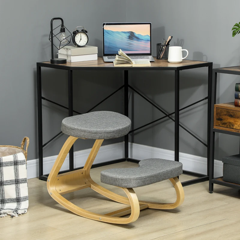 HOMCOM Scaun ergonomic cu genunchiere din lemn cu balans, corectează postura, ideal birou acasă, gri, dim. 50x73x55 cm