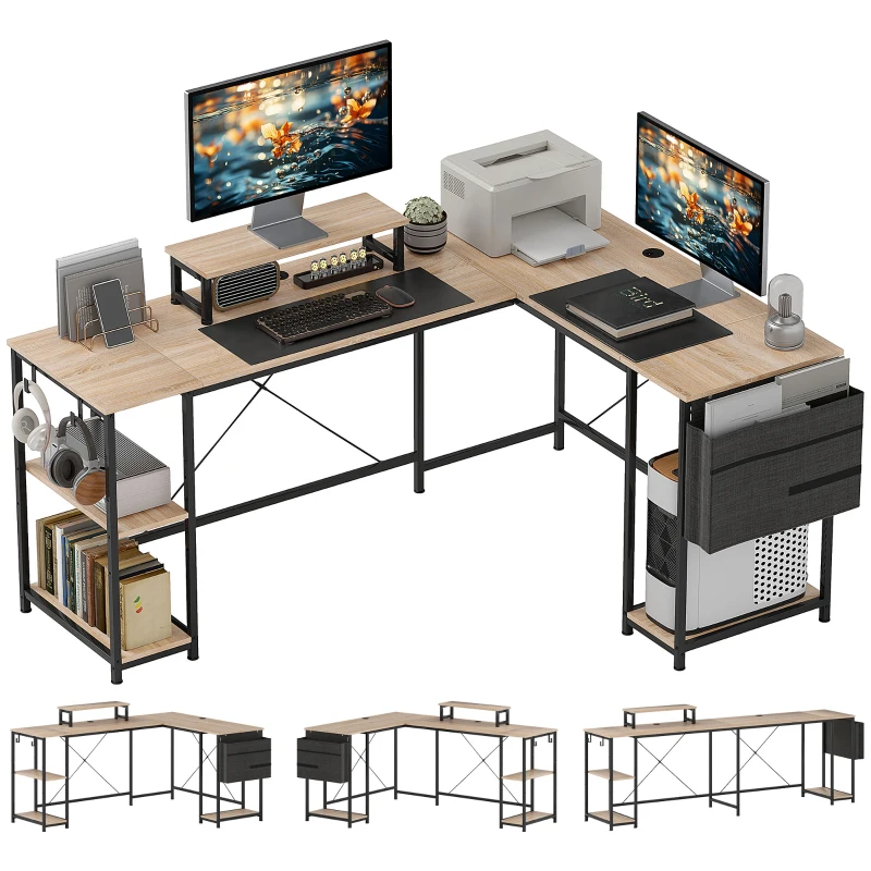 HOMCOM Birou de colț modular reversibil 168-240 cm stil industrial, raft reglabil, sac de depozitare, suport pentru ecran