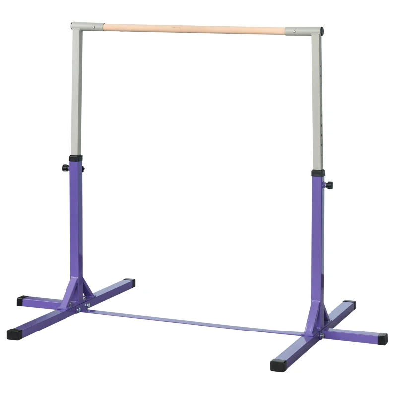 HOMCOM Bară de tracțiune de gimnastică pentru copii, bară de gimnastică înălțime reglabilă 13 nivele 92 la 150 cm, oțel violet lemn masiv de fag