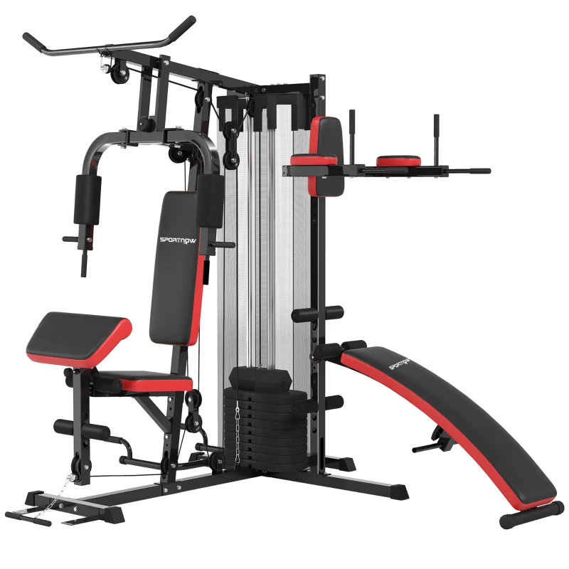 SPORTNOW Multi Gym Workout Station, Weight Machine with 65kg Weight Stack, Sit Up Bench, Push Up Stand, Dip Station