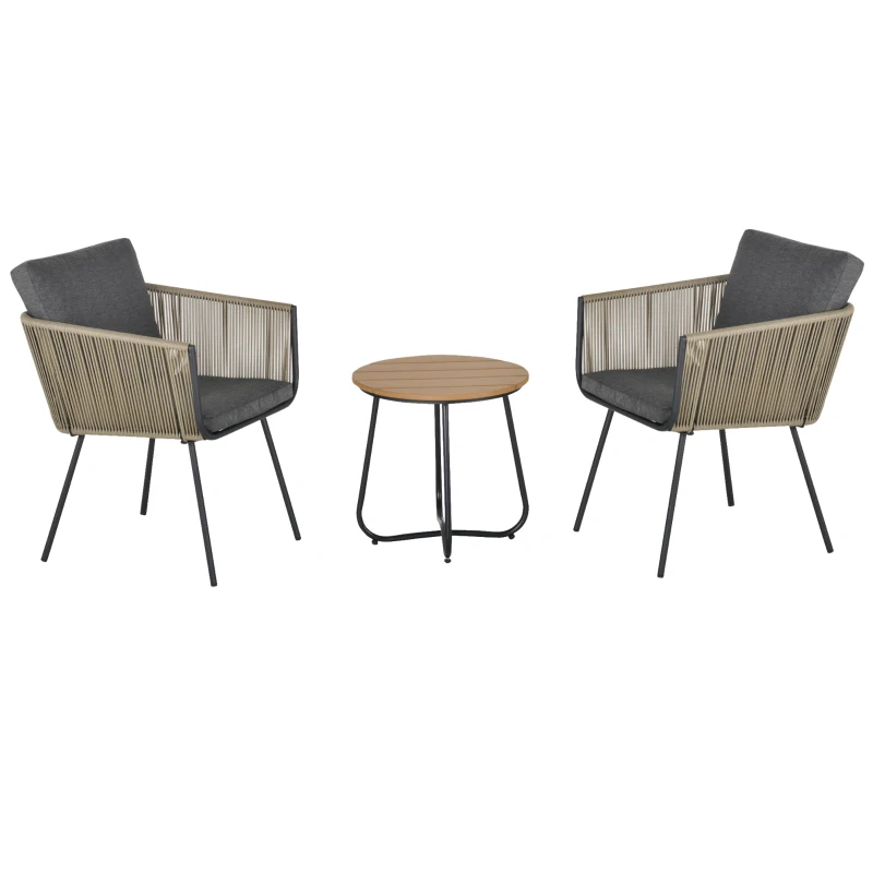 Outsunny Conjunto de Muebles de Jardín Juego de 3 Piezas Muebles de Ratán 1 Mesa Redonda y 2 Sillas Butaca con Cojines Acolchados para Balcón Terraza Acero Caqui y Gris