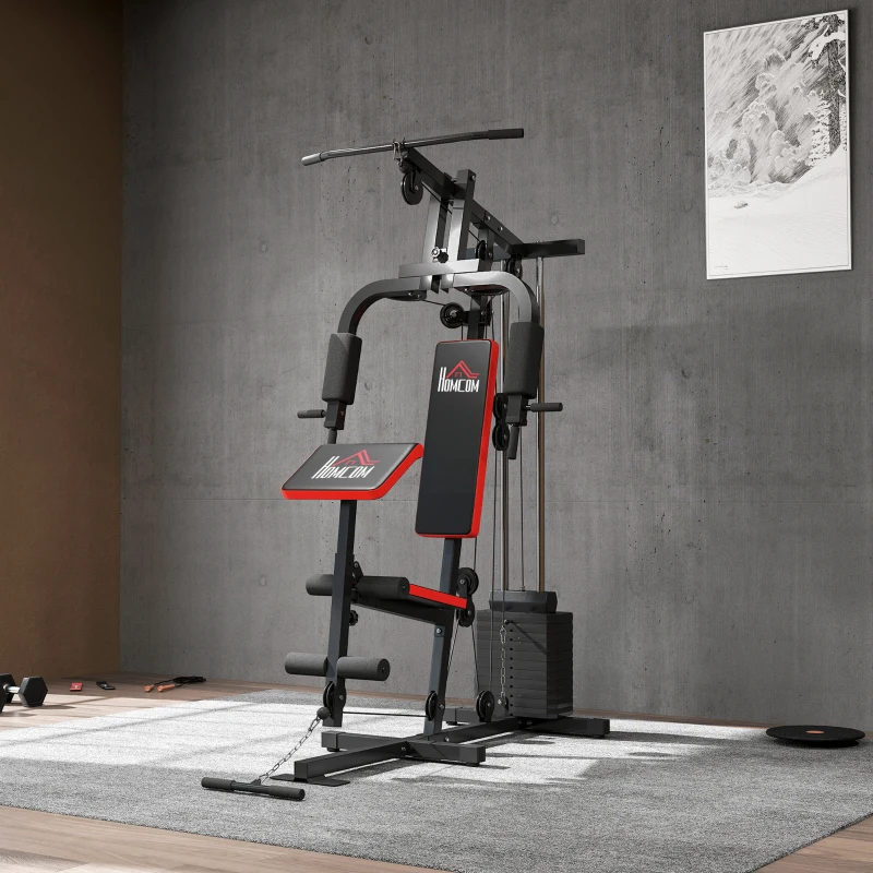 HOMCOM Máquina de Musculación con Placas de Peso de 65 kg Carga Max. 100 kg para Entrenamiento Fitness en Hogar Negro y Rojo