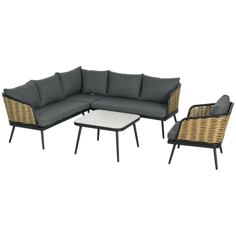 Outsunny Gartenmöbel-Set für 5 Personen Rattan Sitzgruppe mit Kissen Balkonmöbel Sand