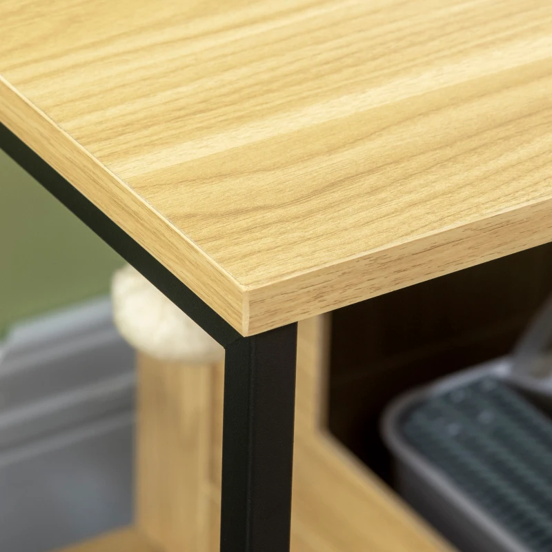 PawHut Casa de toaletă pentru pisici în stil industrial, cu ușă de intrare laterală și minge suspendată, șasiu din oțel cu aspect de lemn deschis