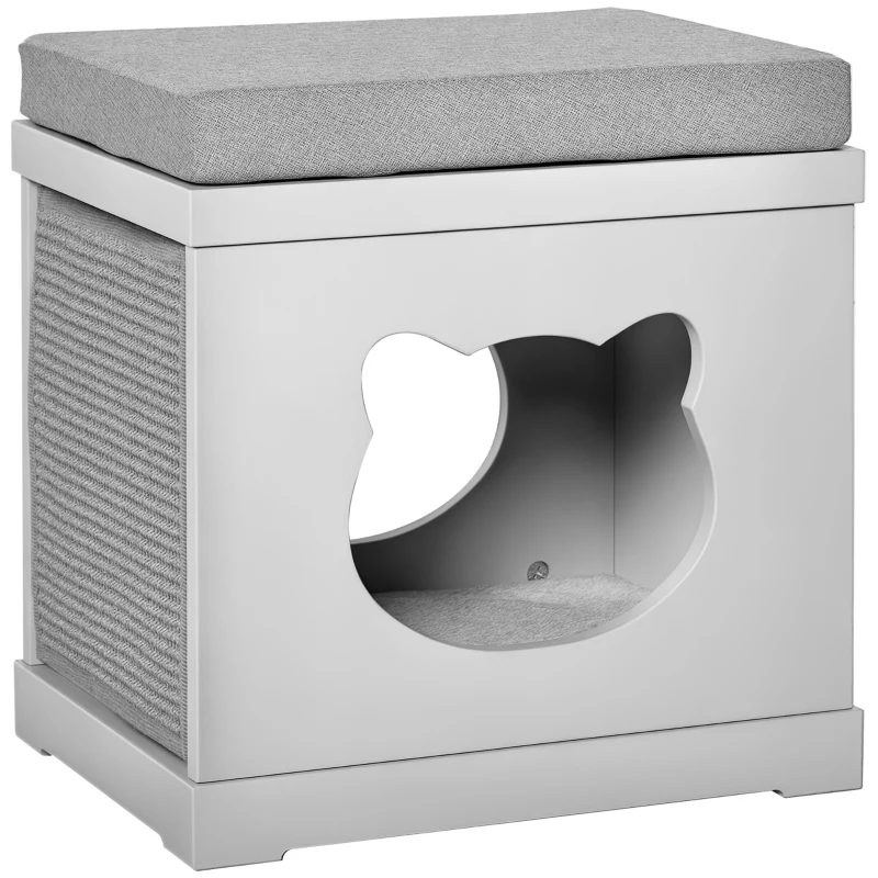PawHut Cuccia Casetta per Gatti in Legno con 2 Cuscini e Tiragraffi Rimovibili, Grigio, 41x30x36cm