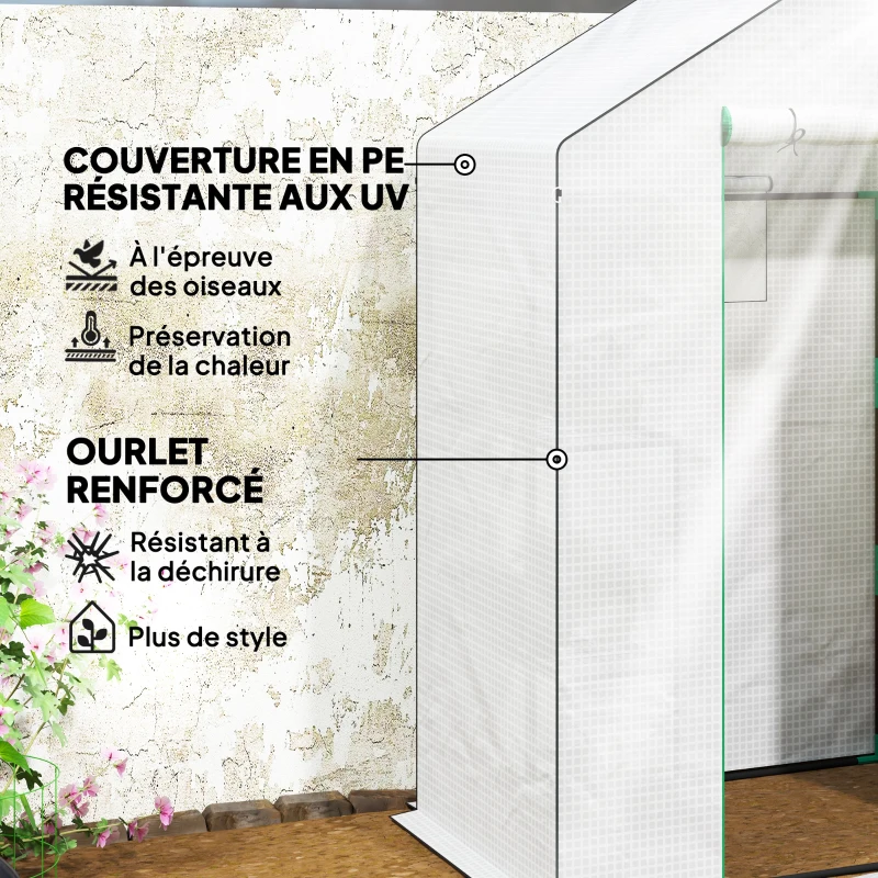 Outsunny Serre de jardin avec 1 porte 1 fenêtre étagères 3 niveaux pour Légumes Plantes Fleurs Bâche PE 143 x 74 x 190 cm blanc