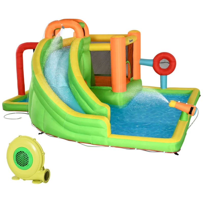 Outsunny 7 in 1 pentru copii Tobogan de apa Bounce House tobogan, trambulina, piscina, pentru copii de 3-8 ani
