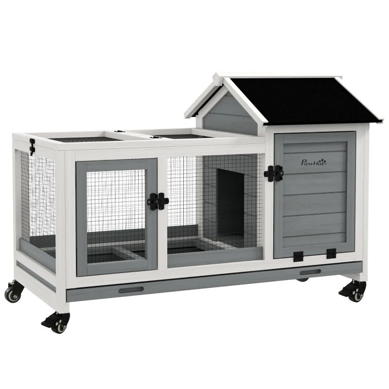 PawHut Tarc pentru iepuri rozătoare pe roți 2 uși cu lacăte, dim. 108L x 58l x 73,5H cm, lemn masiv