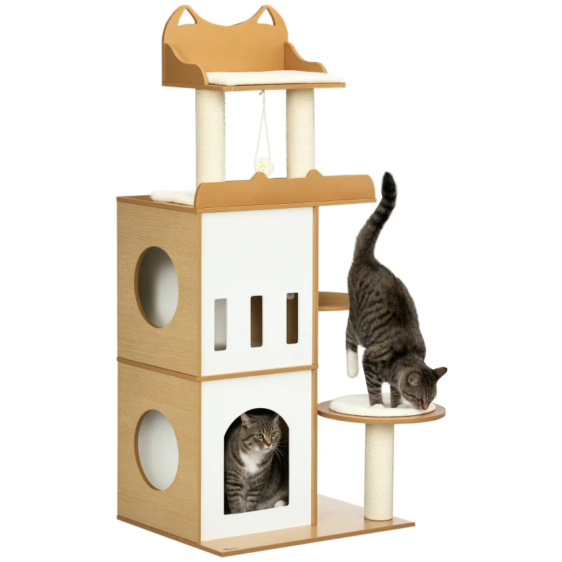 PawHut Kratzbaum, Kratzstämme, Katzenhaus mit 2 Etagen, Sitzplattformen, Spielball, Farbe: Weiß+Holz, 60 x 48 x 133 cm
