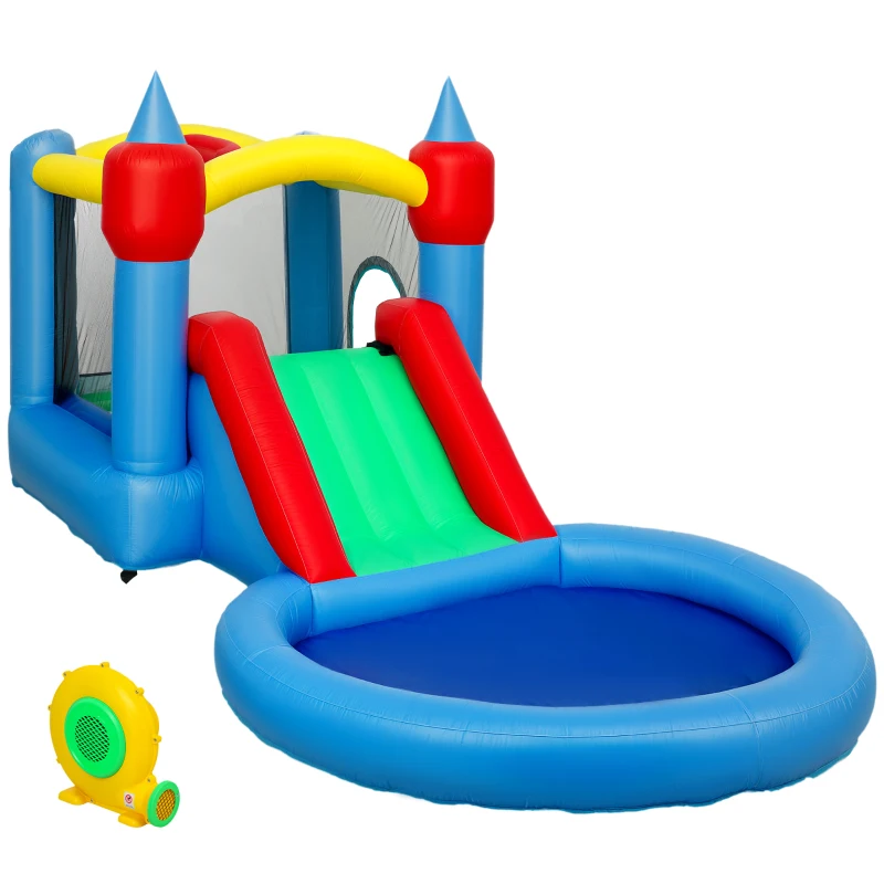 AIYAPLAY Castel gonflabil 4 în 1 cu tobogan, coș de baschet, piscină cu bile, ventilator 370W, 415 x 205 x 190 cm