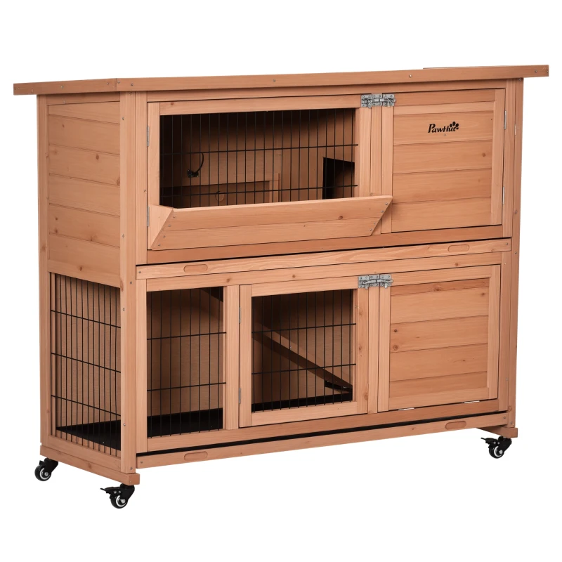 PawHut Conigliera in Legno a 2 Livelli con Ruote, Vassoio Estraibile e Rampa, 122x50x101cm