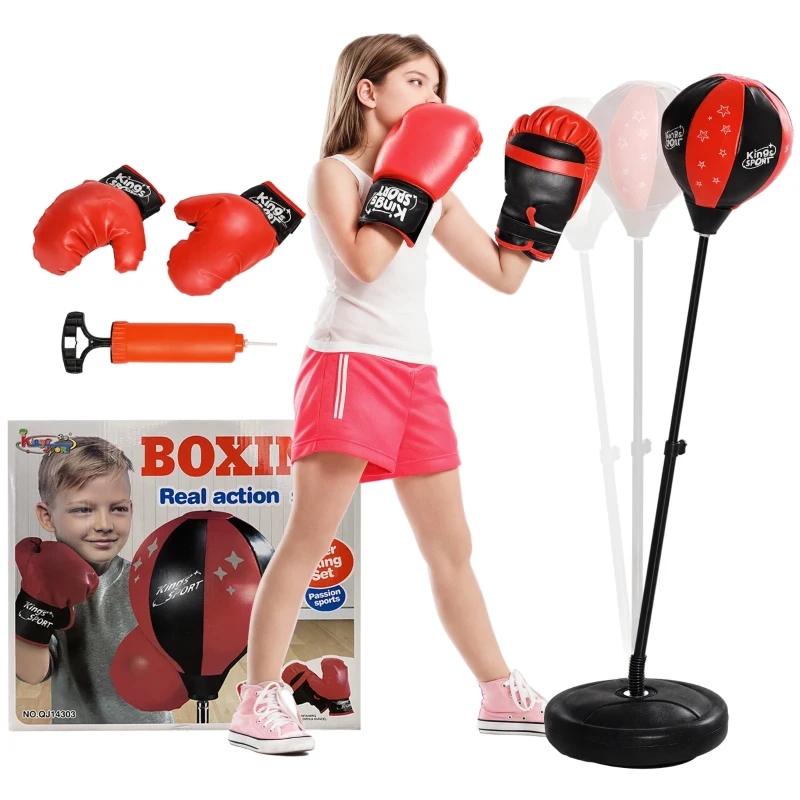AIYAPLAY Saco de Boxeo para Niños de +5 Años con Guantes de Boxeo Altura Ajustable de 68-102 cm y Base Rellenable Rojo