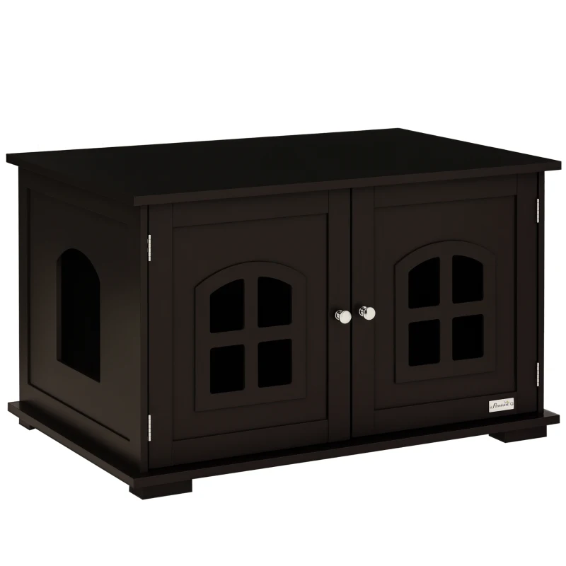 PawHut Casa para Gatos de Madeira Móvel para Caixa de Areia para Gatos 2 em 1 com Armário de Armazenamento Ampla Bancada 2 Portas com Janelas e Orifício de Entrada Lateral 80,3x52,6x48,8 cm Café