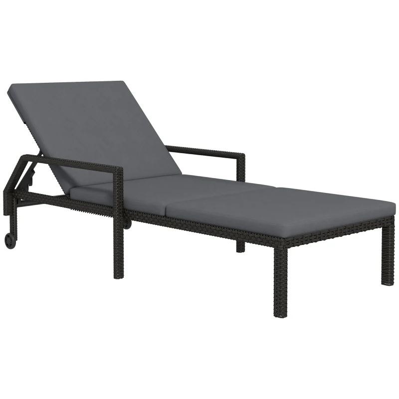 Outsunny Tumbona de Ratán Sintético con Respaldo Ajustable en 5 Posiciones Cojín y Ruedas 73x200x48 cm Gris Oscuro y Negro