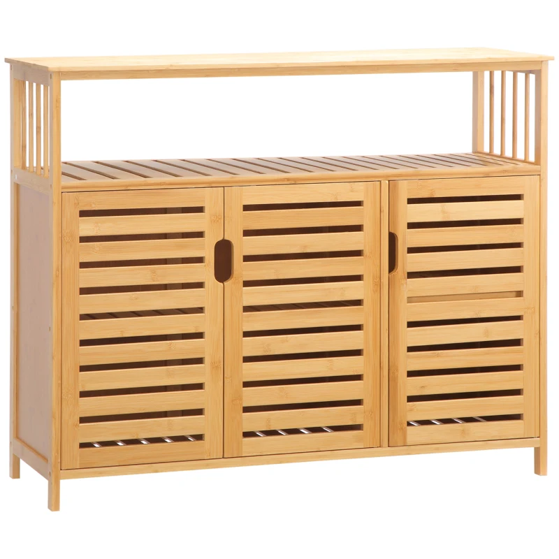 HOMCOM Bufet mobilier de depozitare 3 uși deschise și rafturi din bambus 100 x 35 x 82 cm natural