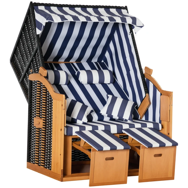 Outsunny Strandkorb, doppelte Sonnenliege mit Dach, inkl. 1Klapptisch, Blau