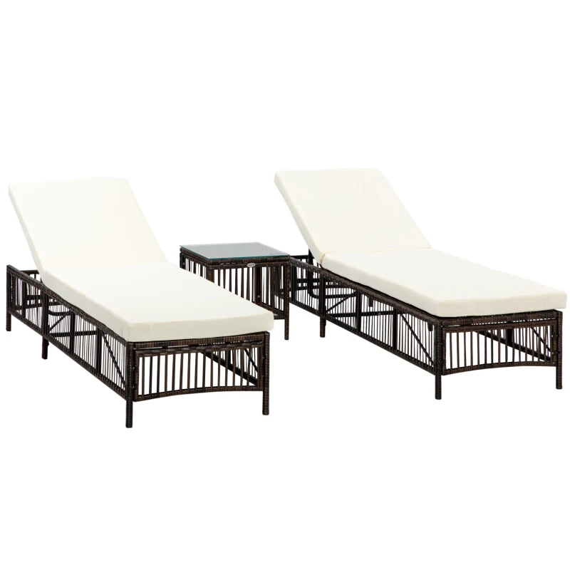 Outsunny Conjunto de 2 Tumbonas de Ratán con Mesa de Centro Respaldo Ajustable en 5 Niveles y Cojines 196x54x32 cm Marrón