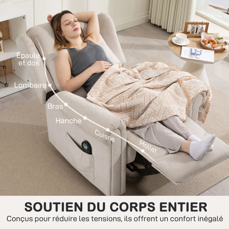 HOMCOM Fotoliu relax electric cu masaj și încălzire, cu spătar și suport pentru picioare reglabil manual, bej