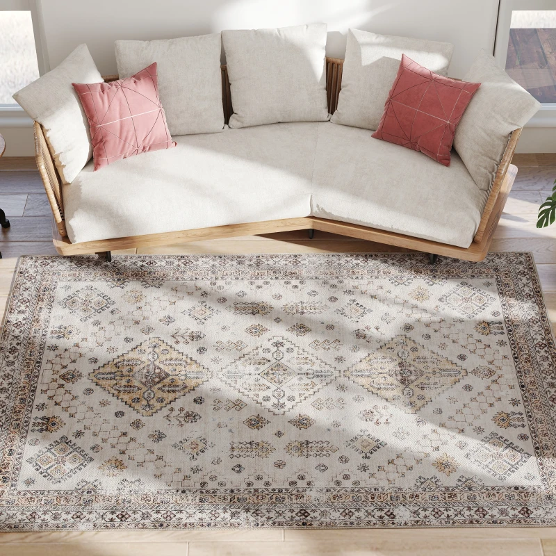 HOMCOM Vintage Area Rug, Non-Slip Washable Rug, Flannel Floor Carpet for Living Room, Bedroom, Dining Room, Home Office, 230 x 160 cm, Beige