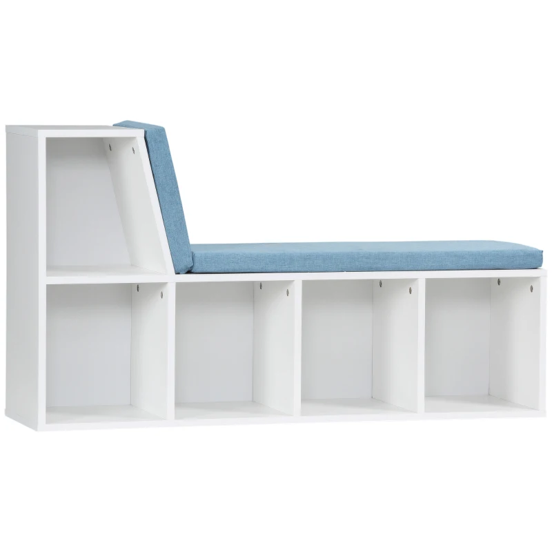 HOMCOM Libreria banco 2 in 1 con 5 compartimenti di archiviazione e 2 cuscini 108 x 30 x 60 cm bianco e blu