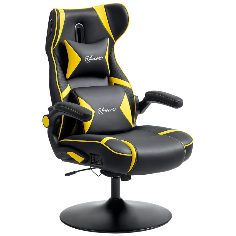 Vinsetto Scaun de gaming cu funcție de leagăn și difuzor, suport pentru zona lombară și gât, pentru camera de jocuri, piele ecologică, galben și negru