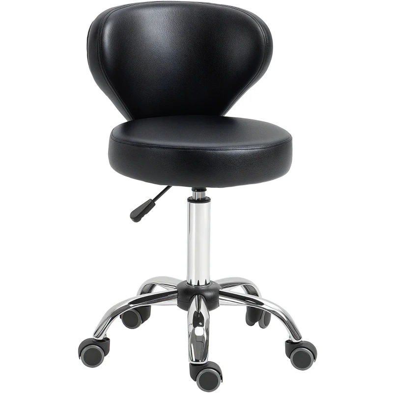 HOMCOM Tabouret à roulette tabouret de massage - tabouret de travail pivotant 360° - assise réglable 49-64H cm, dossier ergonomique - métal chromé revêtement synthétique noir