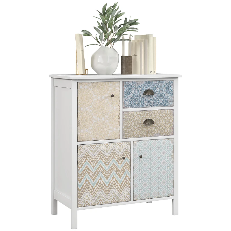 HOMCOM Șifonier, Rustic elegant, 2 sertare, 3 dulapuri, lemn de pin, 68x34x80cm, Alb