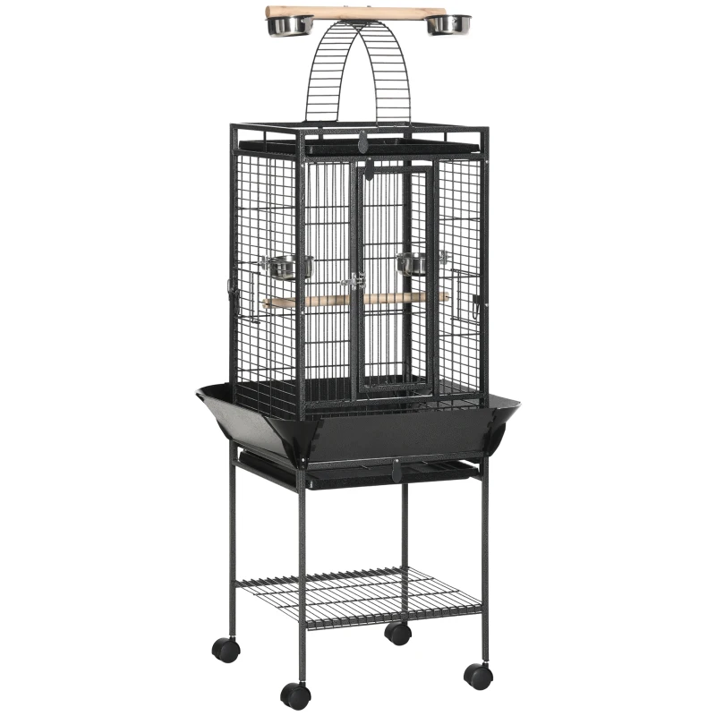 PawHut Jaula para Pájaros Jaula para Loros con Ruedas Perchas Comederos Estante Puente Arqueado y Bandejas Extraíbles Pajarera para Cacatúa Ninfa Cacatúas Cotorras 62,5x62,5x156 cm Gris