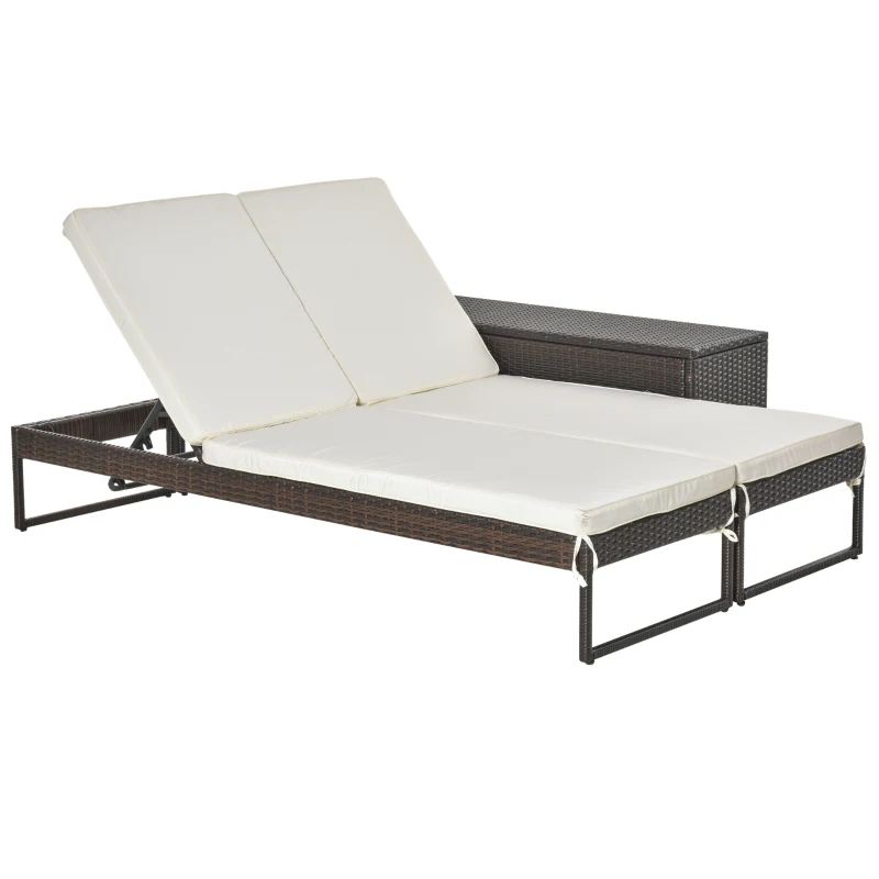 Outsunny Conjunto de 2 Tumbonas de Jardín con Cojines Acolchados Ratán con Mesa Auxiliar para Piscina o Terraza Carga 160 kg 195x60x86 cm Acero Marrón