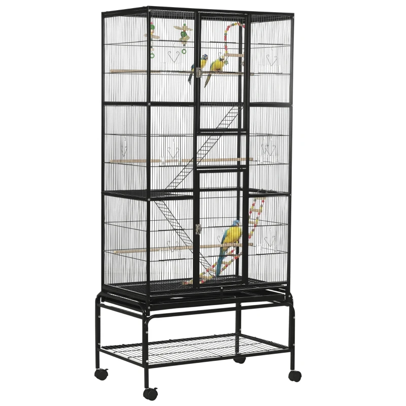 PawHut Gaiola para Pássaros com Rodas de 3 Níveis com 3 Poleiros Comedouros Brinquedos Rampas e Prateleira 83x53x180 cm Preto