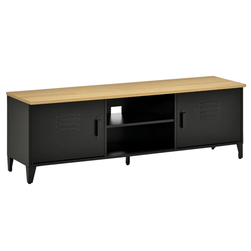 HOMCOM Meuble TV Banc TV pour téléviseurs de 55'' avec 2 Placards Pieds Réglables Cadre métalique noir Plateau en Bois Naturel 150 x 40 x 50 cm