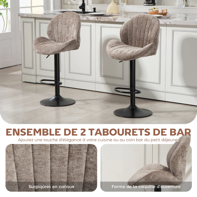 HOMCOM Lot de 2 tabourets de bar forme de coquillage, dossier, hauteur réglable et repose-pieds, cadre en acier, marron