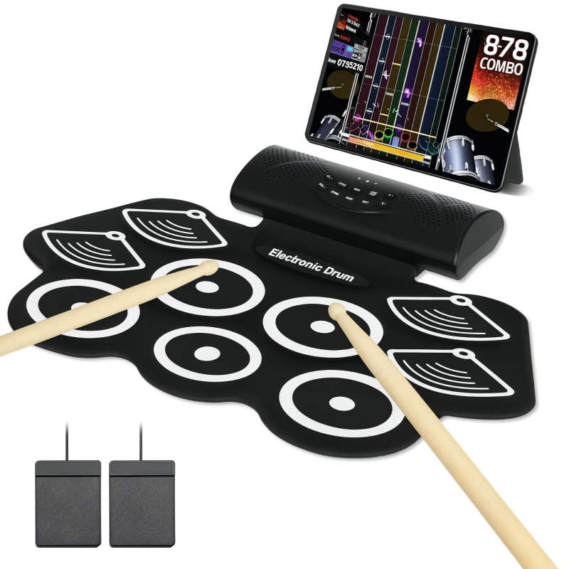 SPORTNOW Électronique drum set, kit de batterie électrique, avec 9 pads, pédales et baguettes de tambour, silicone, blanc et noir