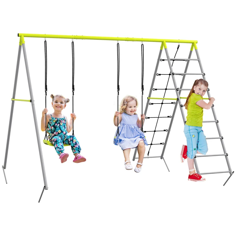 Outsunny 4 în 1 balansoar portic pentru copii cu 2 șezlonguri de balansoar, scară cățărătoare și plasă de escaladă verde